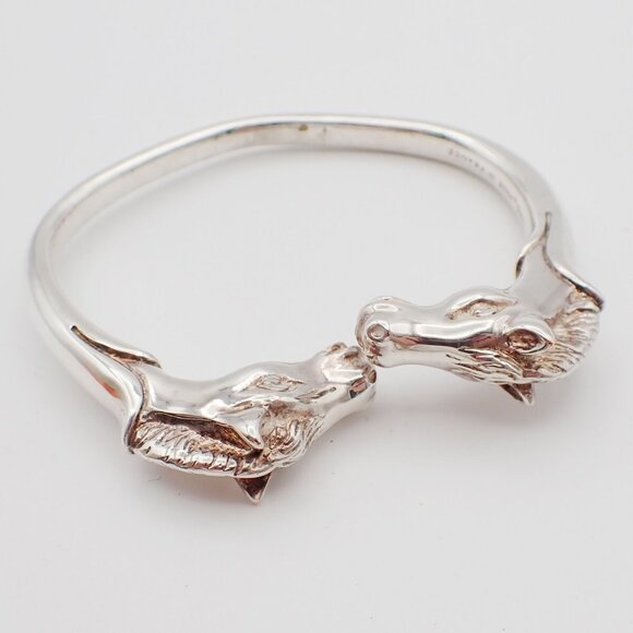 HERMES Logo Cheval Double Horse Head Bangle Bracelet Silver Accessory - Picture 1 of 16